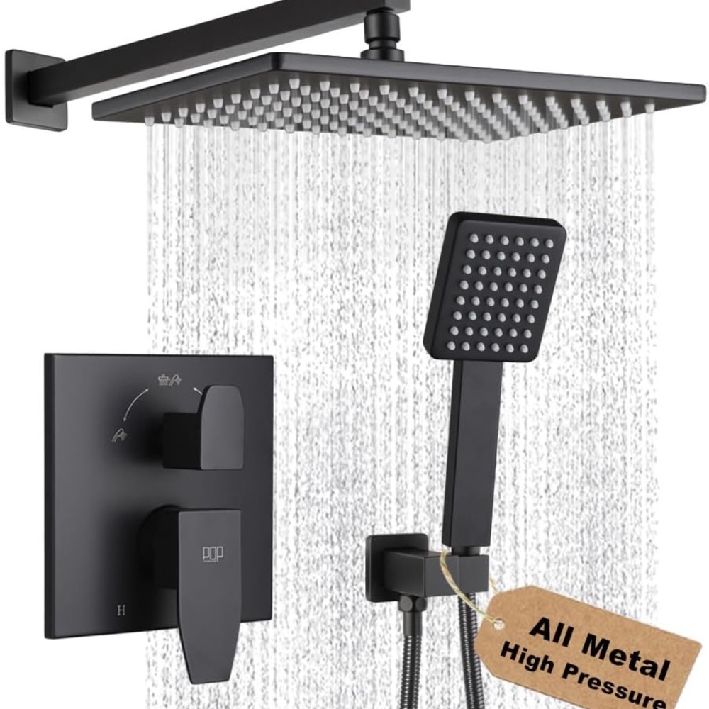 Matte Black Shower Faucet Set Rainfall 12 Inch Shower Head and Handle Set